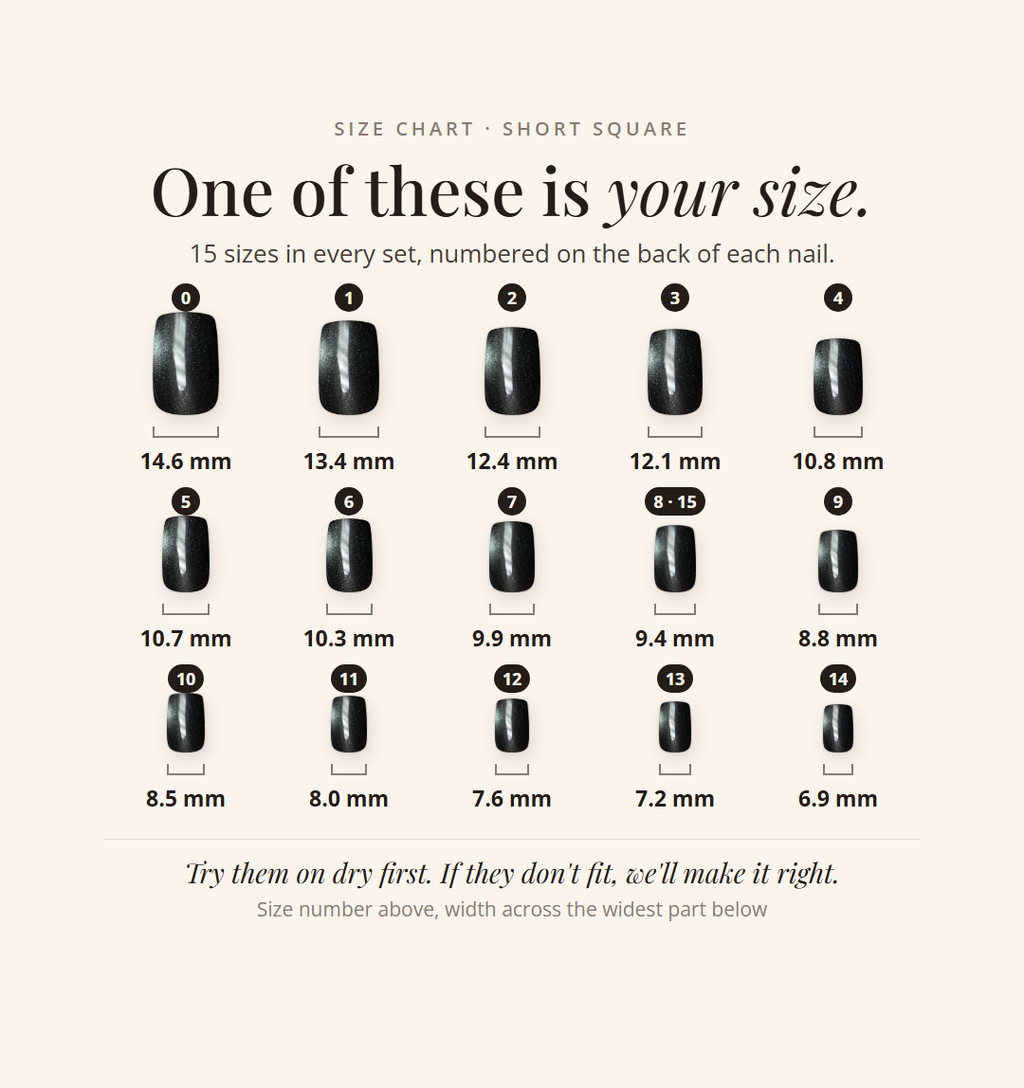 Black Cat Eye short square numbered size chart: 15 sizes from 14.6 mm down to 6.9 mm wide, shown to scale
