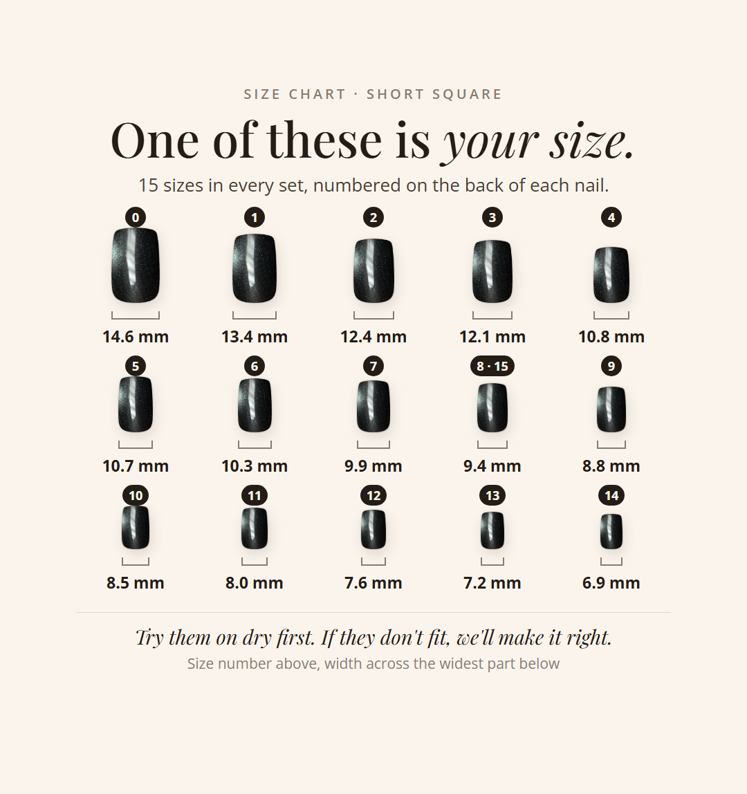 Black Cat Eye short square numbered size chart: 15 sizes from 14.6 mm down to 6.9 mm wide, shown to scale